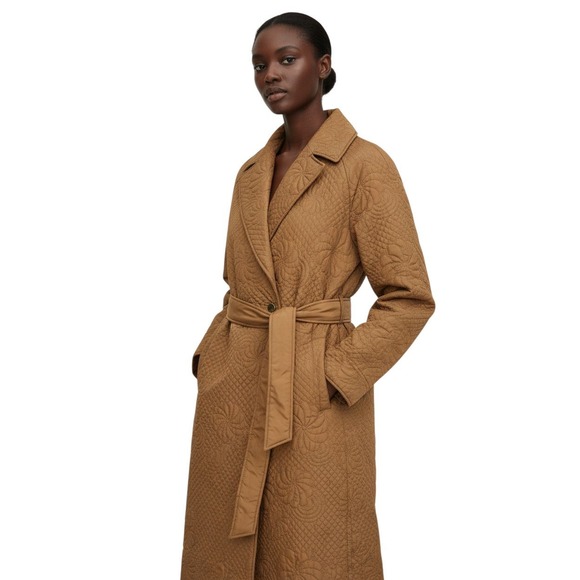 NWT Elie Tahari Quilted Trench Floral Print Belted Coat Camel Brown Size XL